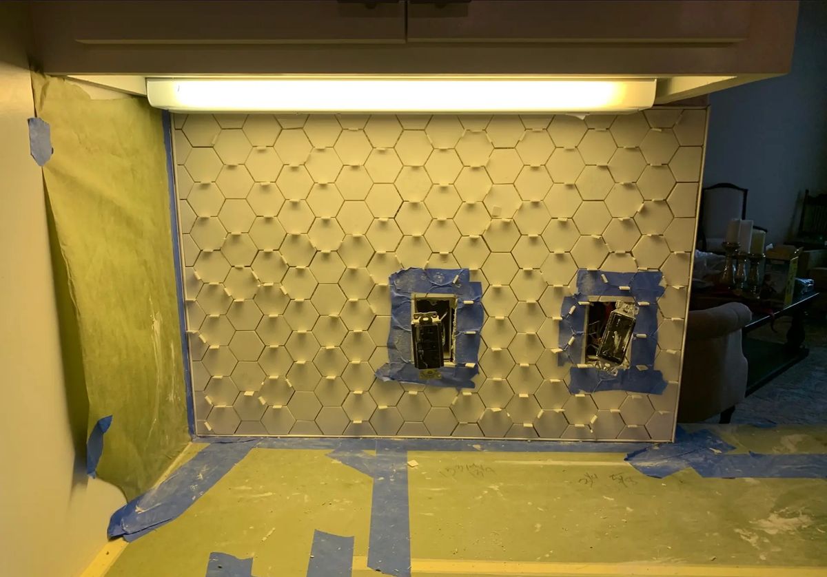Project 6 before: hex backsplash in progress